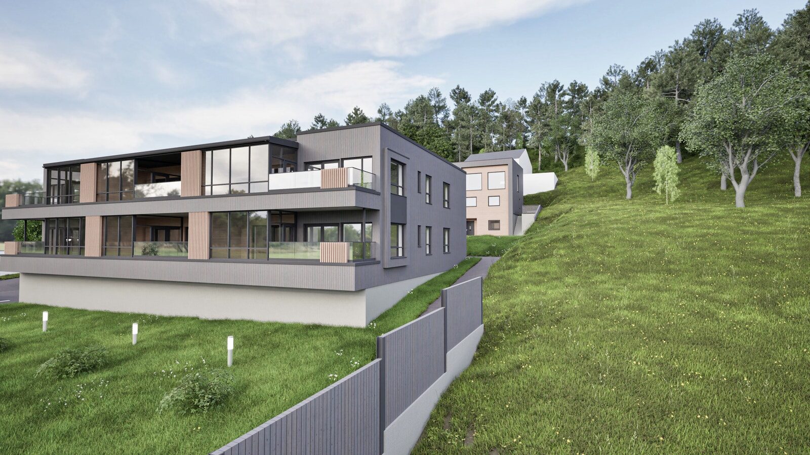 Leilighetsbygget Hatlane Panorama med terrasser mot sør