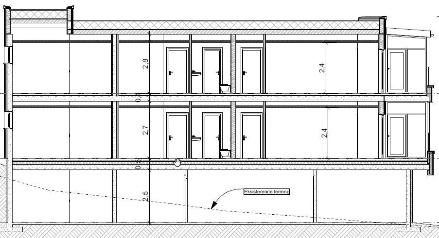 Snitt gjennom bygget — Leiligheter med heis og parkeringskjeller